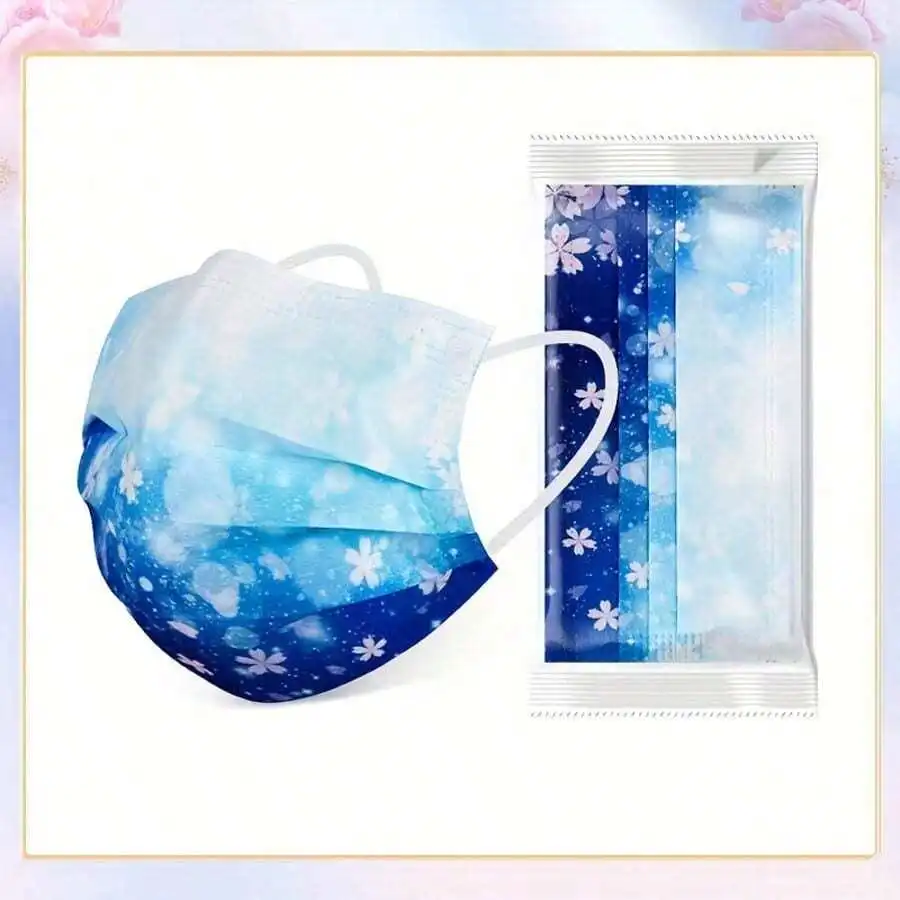 10pcs Floral Sakura Print 3-Pl - Disposable Mask Blue のレビューと価格
