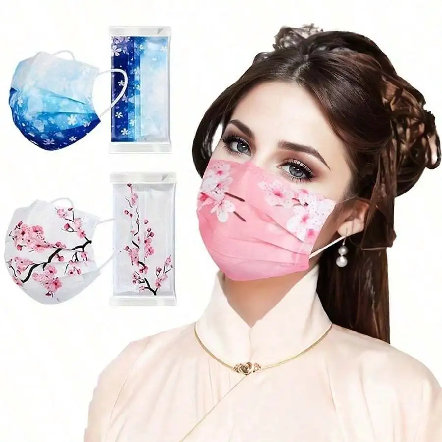 10pcs Floral Sakura Print 3-Pl - Disposable Mask Blue のレビューと価格