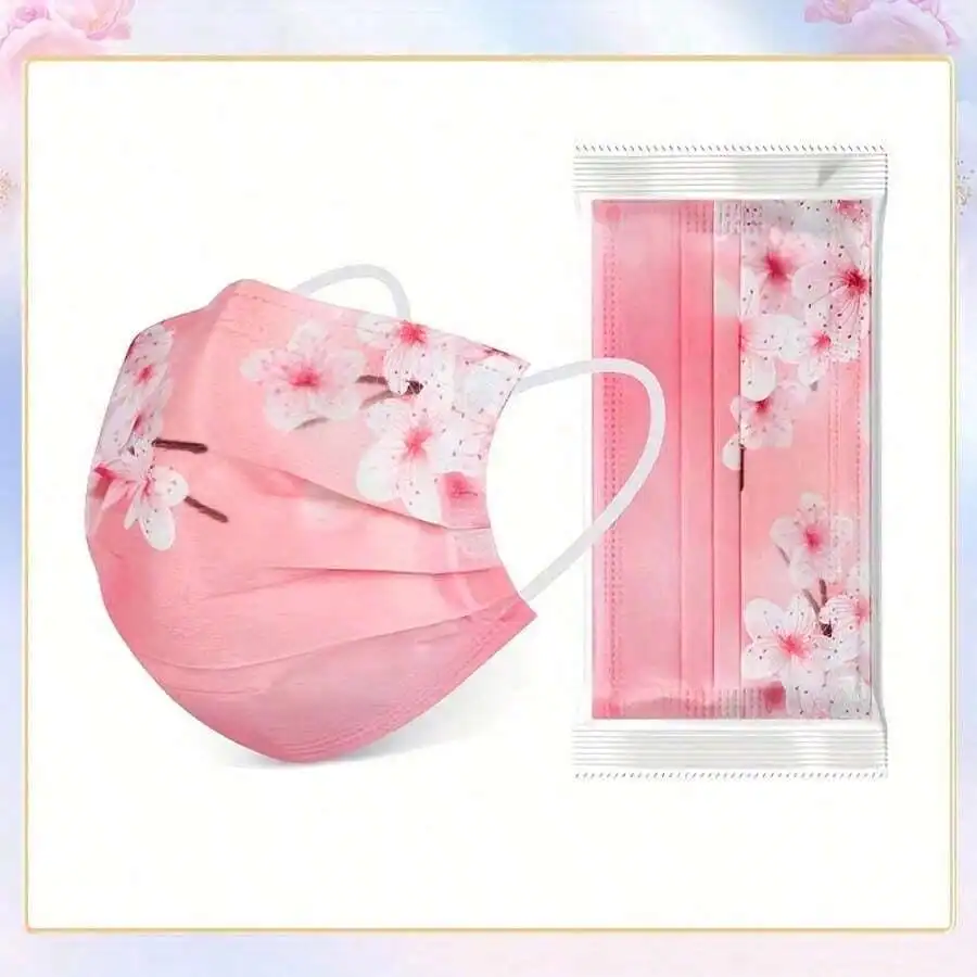 10pcs Floral Sakura Print 3-Pl - Disposable Mask Blue のレビューと価格